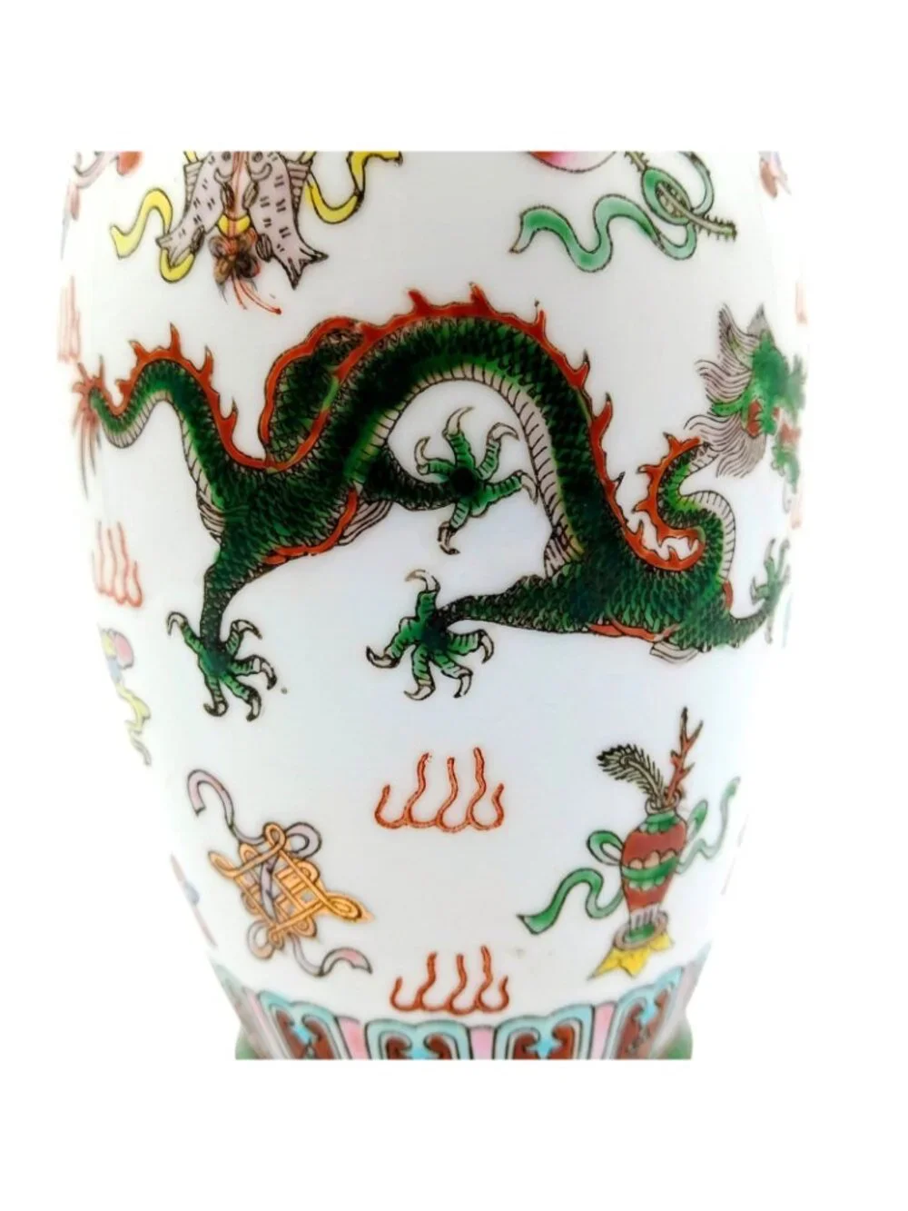 Chinese Green Dragon Vase Hand Painted Porcelain Gilt 8.5 in Qianlong mark